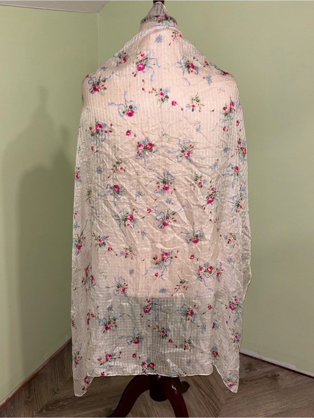 Vivaldi 100% Silk Floral Square Scarf Sheer Large White Boho Cottage Core